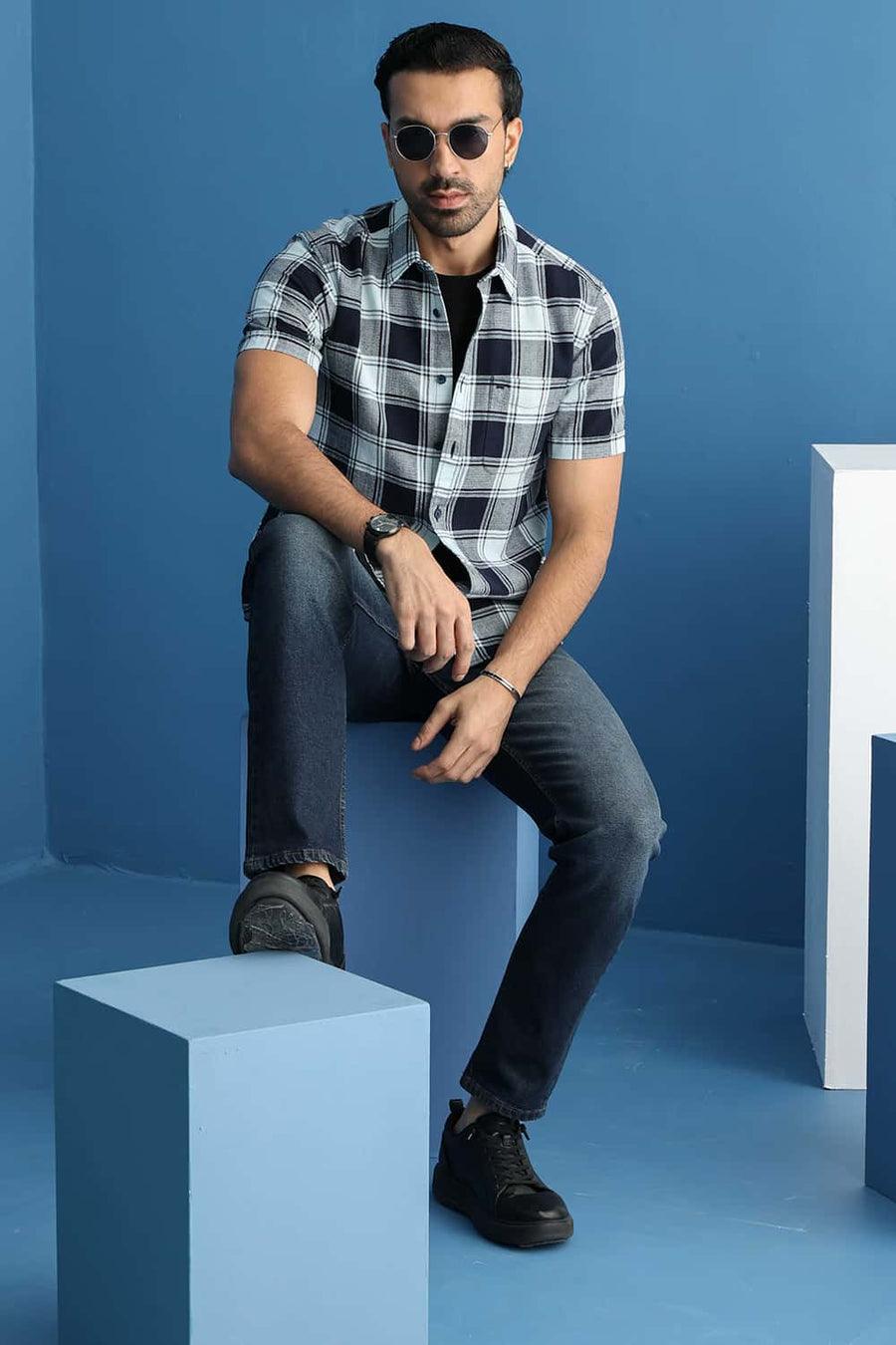 Basics Slim Fit Space Blue Cotton Hopsack Checks Halfsleeves Shirt