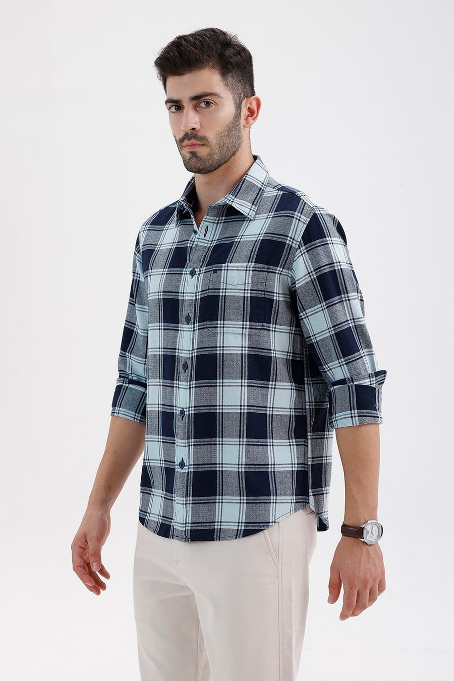 BASICS SLIM FIT SPACE BLUE COTTON HOPSACK CHECKS SHIRT
