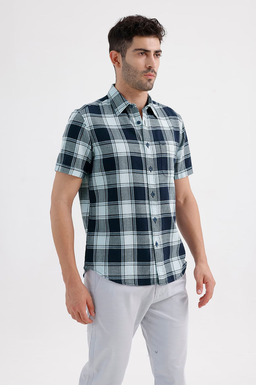 BASICS SLIM FIT SPACE BLUE COTTON HOPSACK CHECKS HALFSLEEVES SHIRT