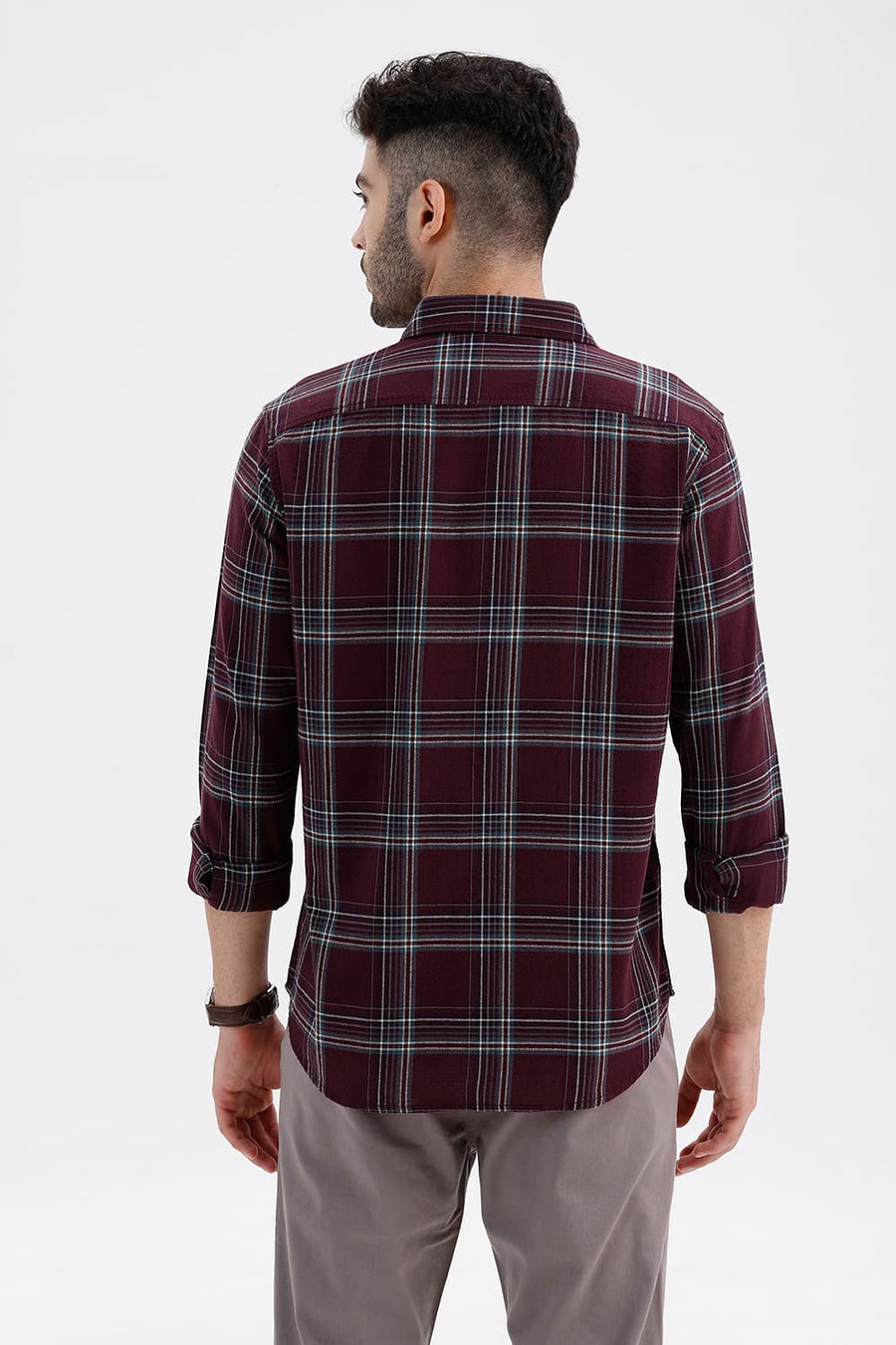 BASICS SLIM FIT ROYALE MAROON COTTON HOPSACK CHECKS SHIRT
