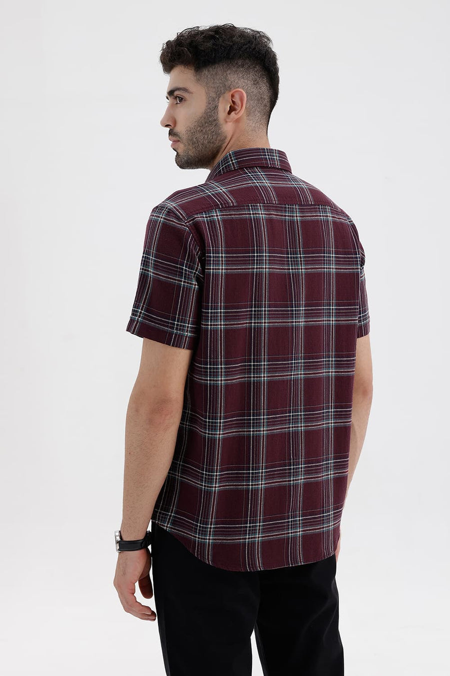 BASICS SLIM FIT ROYALE MAROON COTTON HOPSACK CHECKS HALFSLEEVES SHIRT
