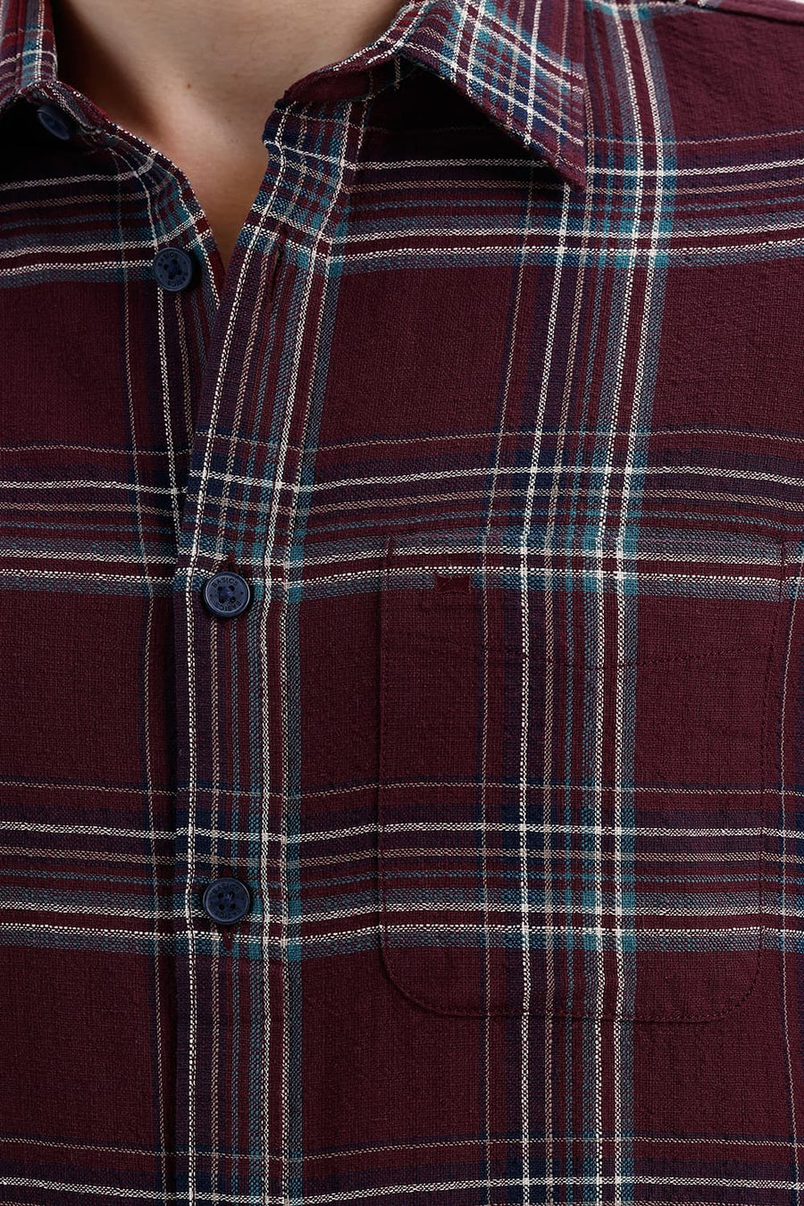 BASICS SLIM FIT ROYALE MAROON COTTON HOPSACK CHECKS SHIRT