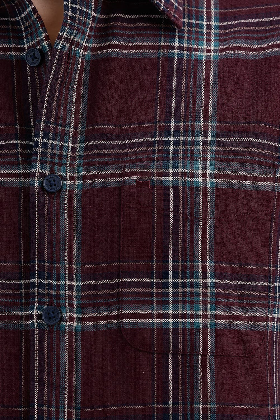 BASICS SLIM FIT ROYALE MAROON COTTON HOPSACK CHECKS HALFSLEEVES SHIRT