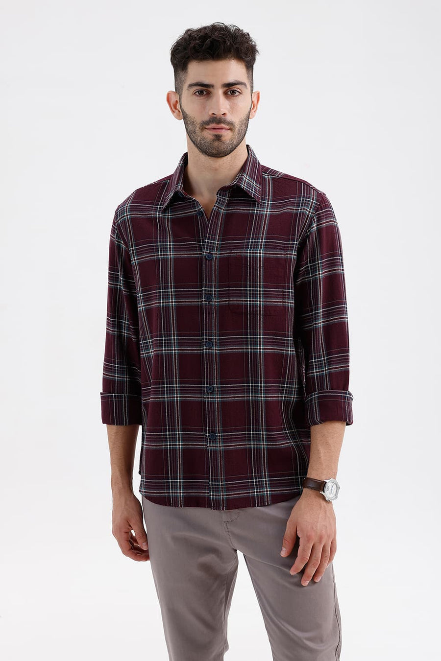 BASICS SLIM FIT ROYALE MAROON COTTON HOPSACK CHECKS SHIRT