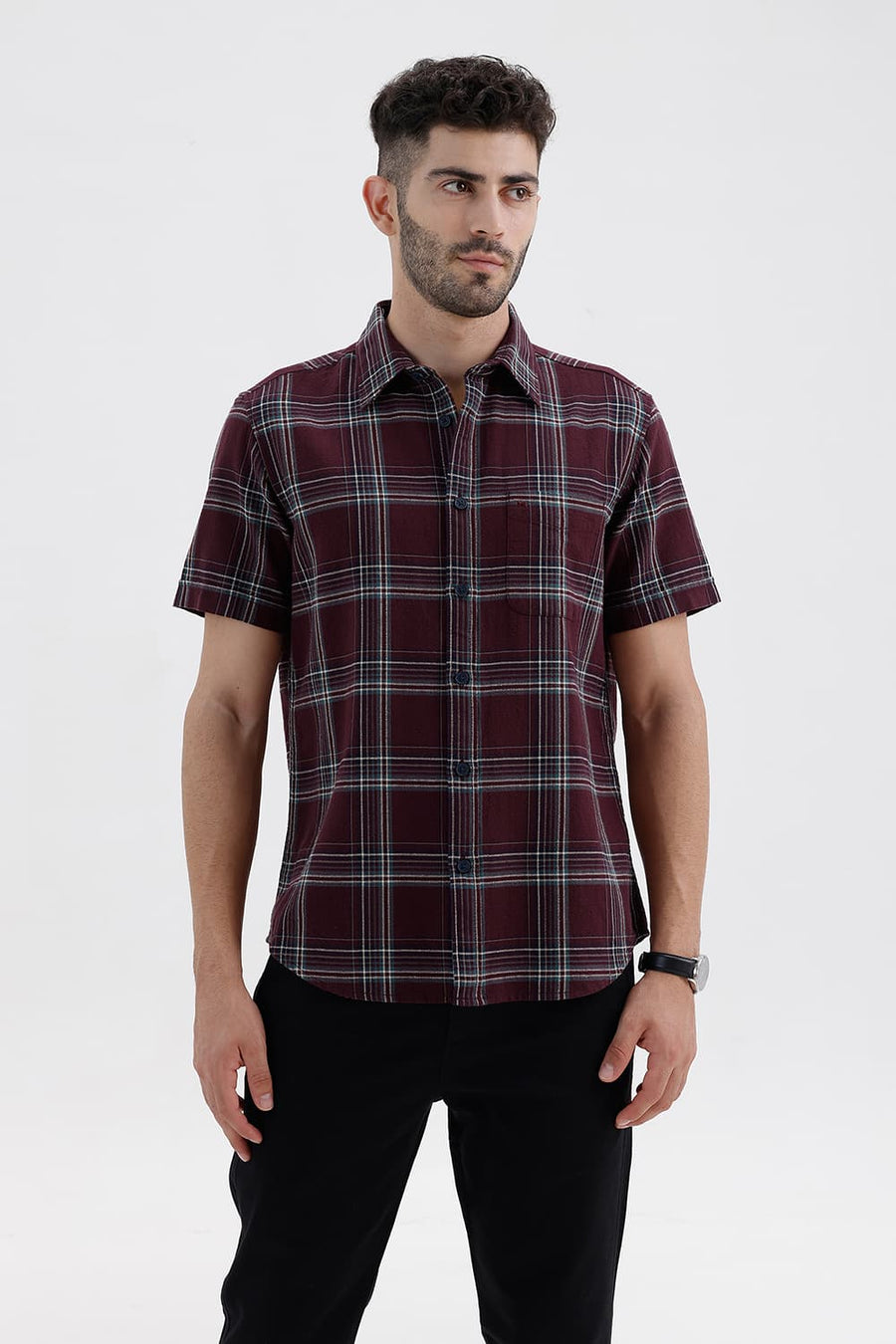 BASICS SLIM FIT ROYALE MAROON COTTON HOPSACK CHECKS HALFSLEEVES SHIRT