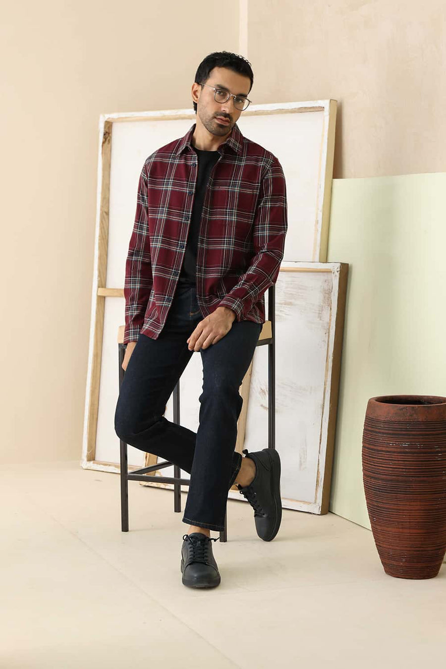 Basics Slim Fit Royale Maroon Cotton Hopsack Checks Shirt