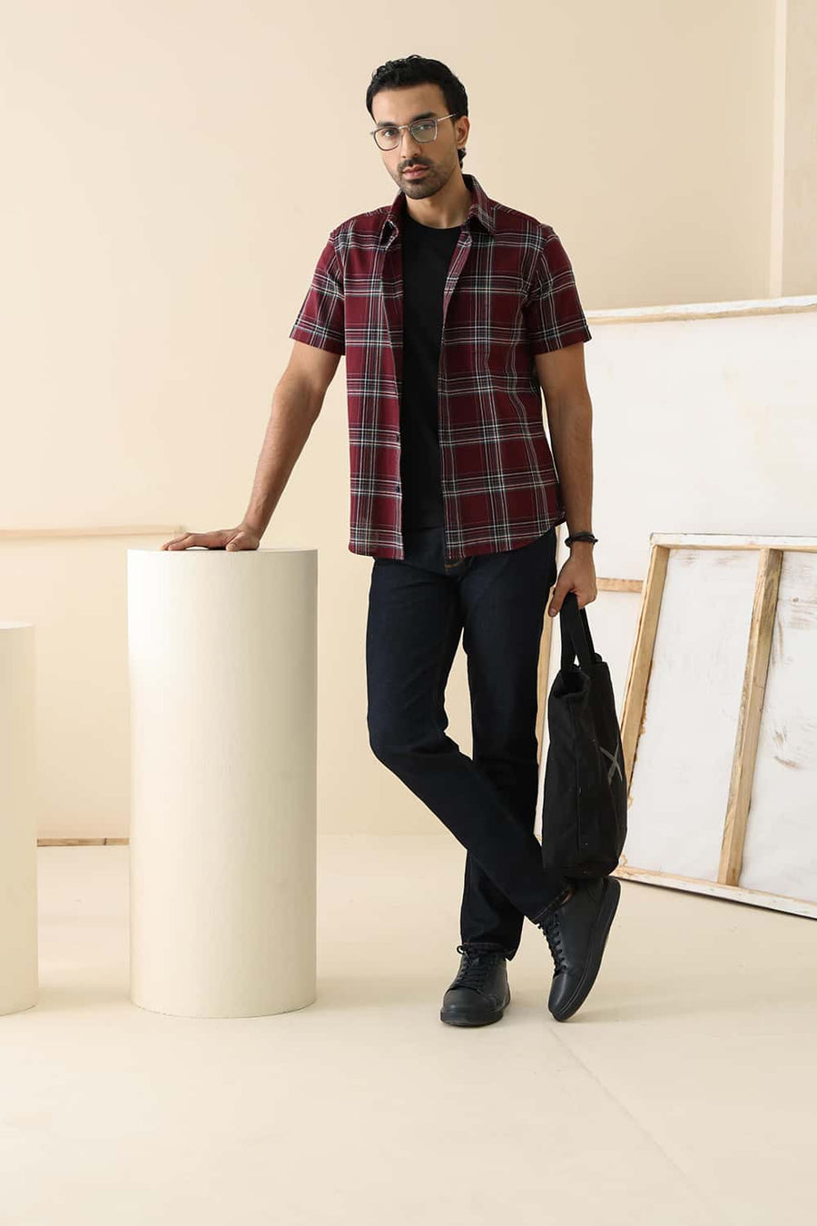 Basics Slim Fit Royale Maroon Cotton Hopsack Checks Halfsleeves Shirt