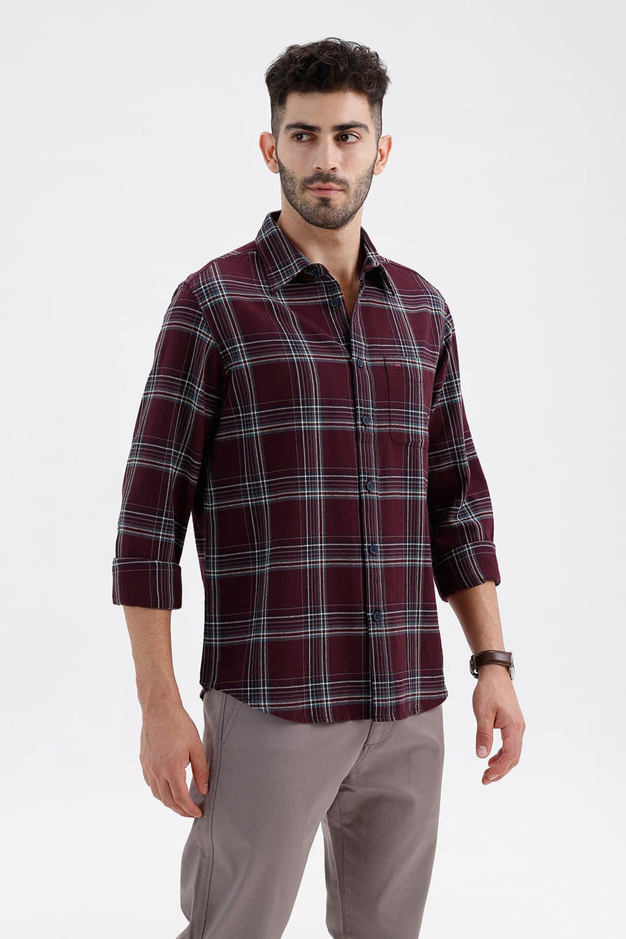BASICS SLIM FIT ROYALE MAROON COTTON HOPSACK CHECKS SHIRT