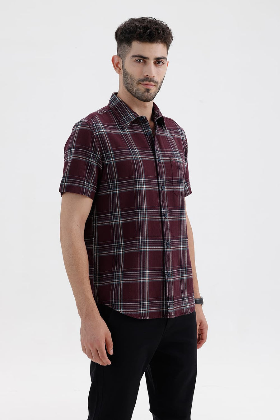 BASICS SLIM FIT ROYALE MAROON COTTON HOPSACK CHECKS HALFSLEEVES SHIRT