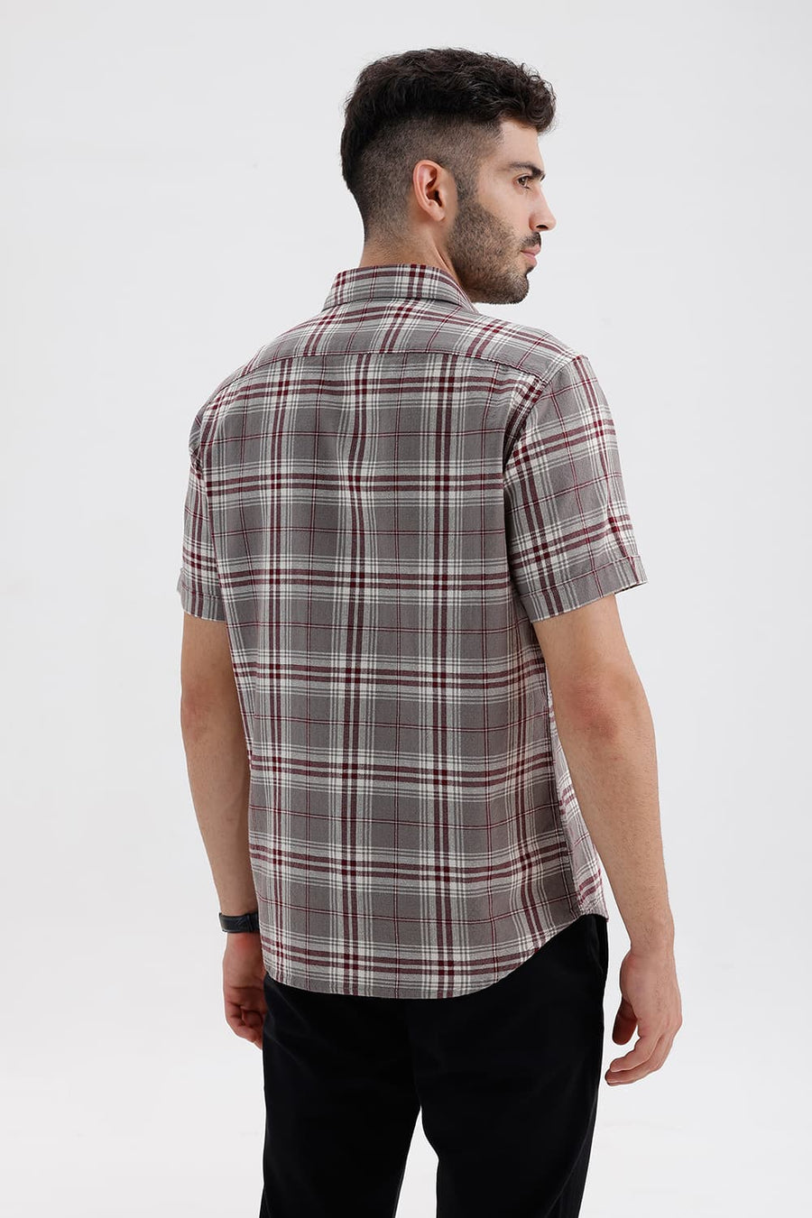 BASICS SLIM FIT STEEPLE GREY COTTON HOPSACK CHECKS HALFSLEEVES SHIRT