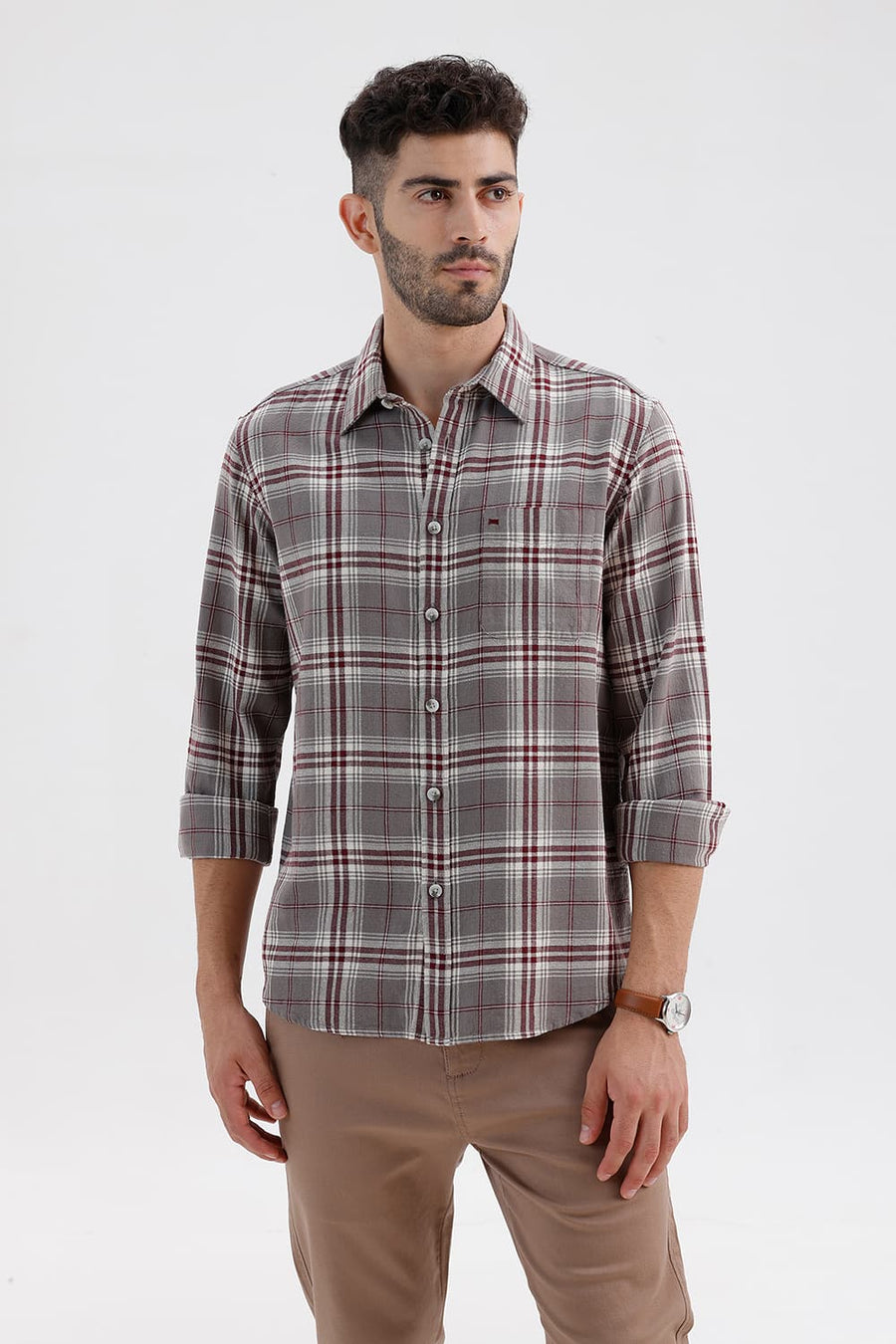 BASICS SLIM FIT STEEPLE GREY COTTON HOPSACK CHECKS SHIRT