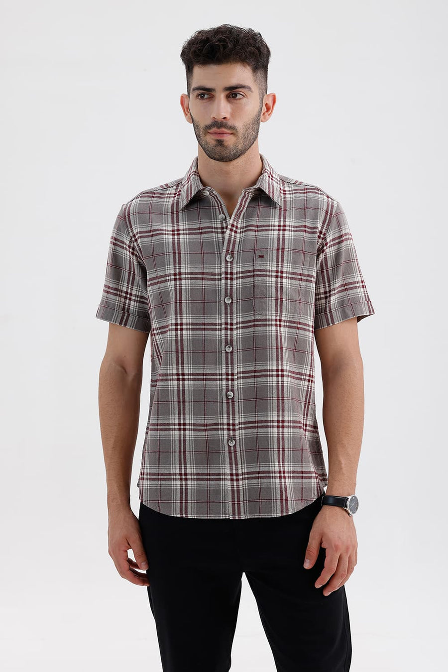 BASICS SLIM FIT STEEPLE GREY COTTON HOPSACK CHECKS HALFSLEEVES SHIRT
