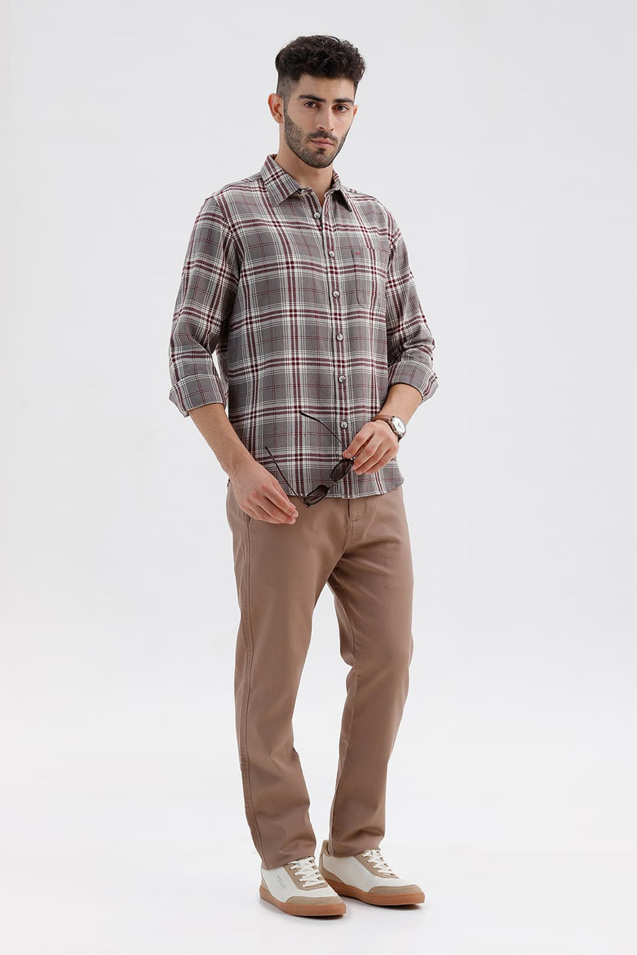 BASICS SLIM FIT STEEPLE GREY COTTON HOPSACK CHECKS SHIRT