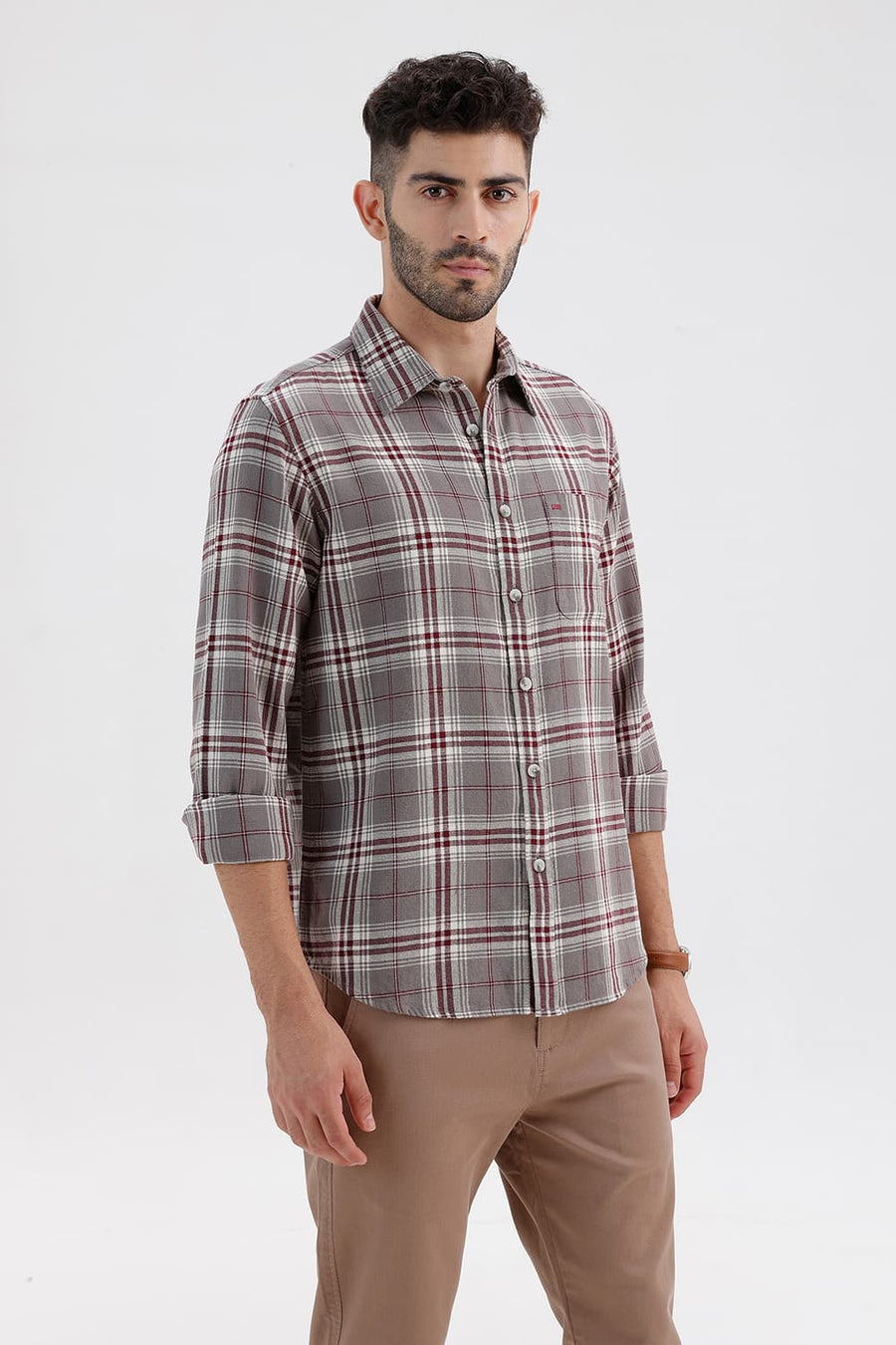 BASICS SLIM FIT STEEPLE GREY COTTON HOPSACK CHECKS SHIRT