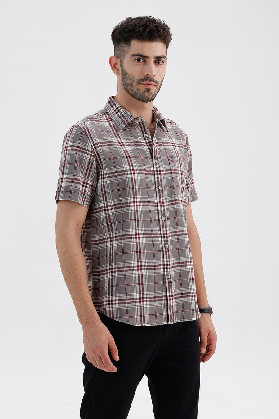 BASICS SLIM FIT STEEPLE GREY COTTON HOPSACK CHECKS HALFSLEEVES SHIRT