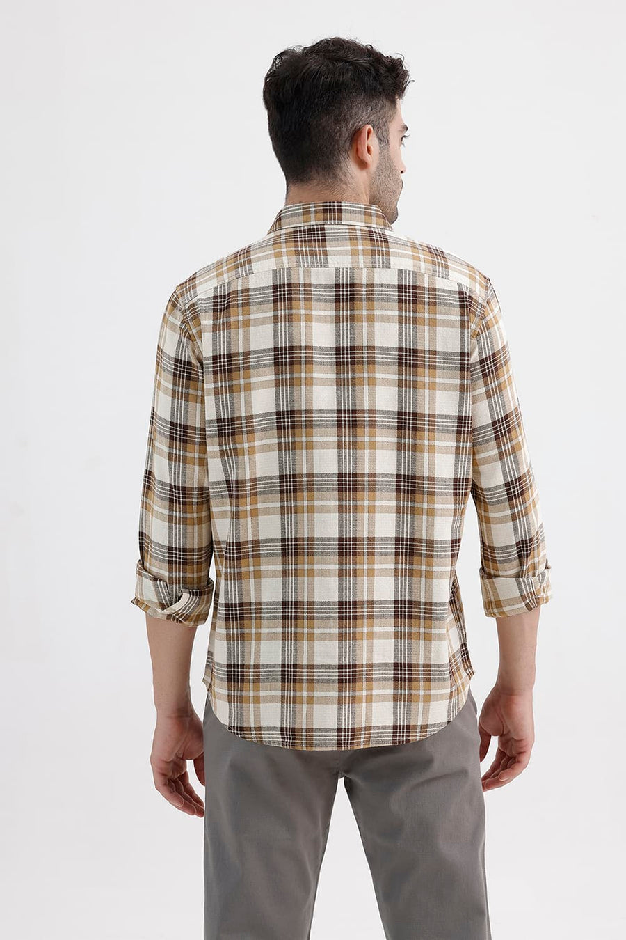 BASICS SLIM FIT SEAL BEIGE COTTON HOPSACK CHECKS SHIRT