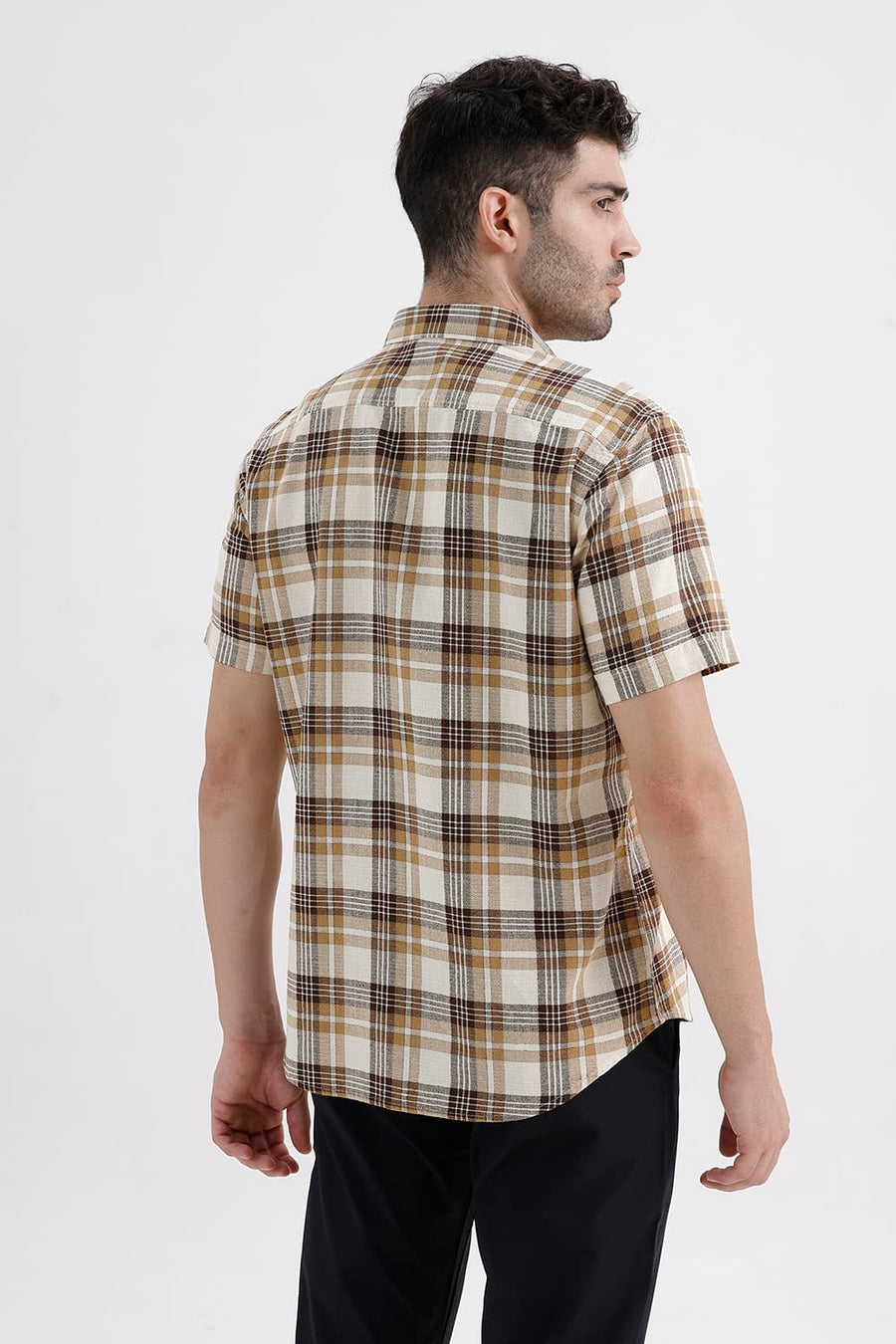 BASICS SLIM FIT SEAL BEIGE COTTON HOPSACK CHECKS HALFSLEEVES SHIRT