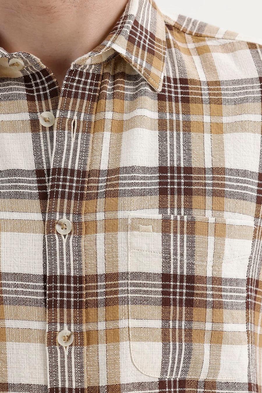 BASICS SLIM FIT SEAL BEIGE COTTON HOPSACK CHECKS SHIRT