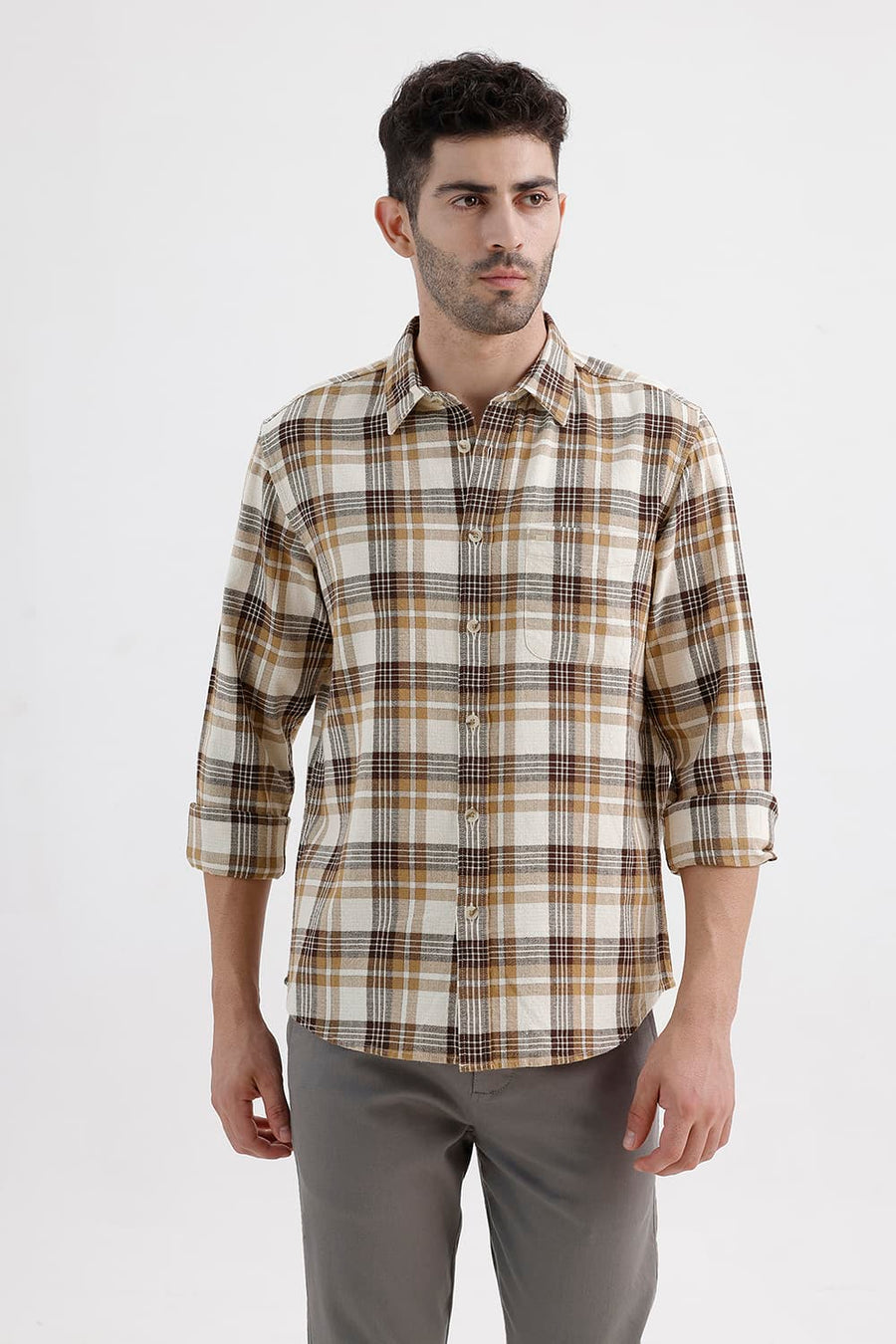 BASICS SLIM FIT SEAL BEIGE COTTON HOPSACK CHECKS SHIRT