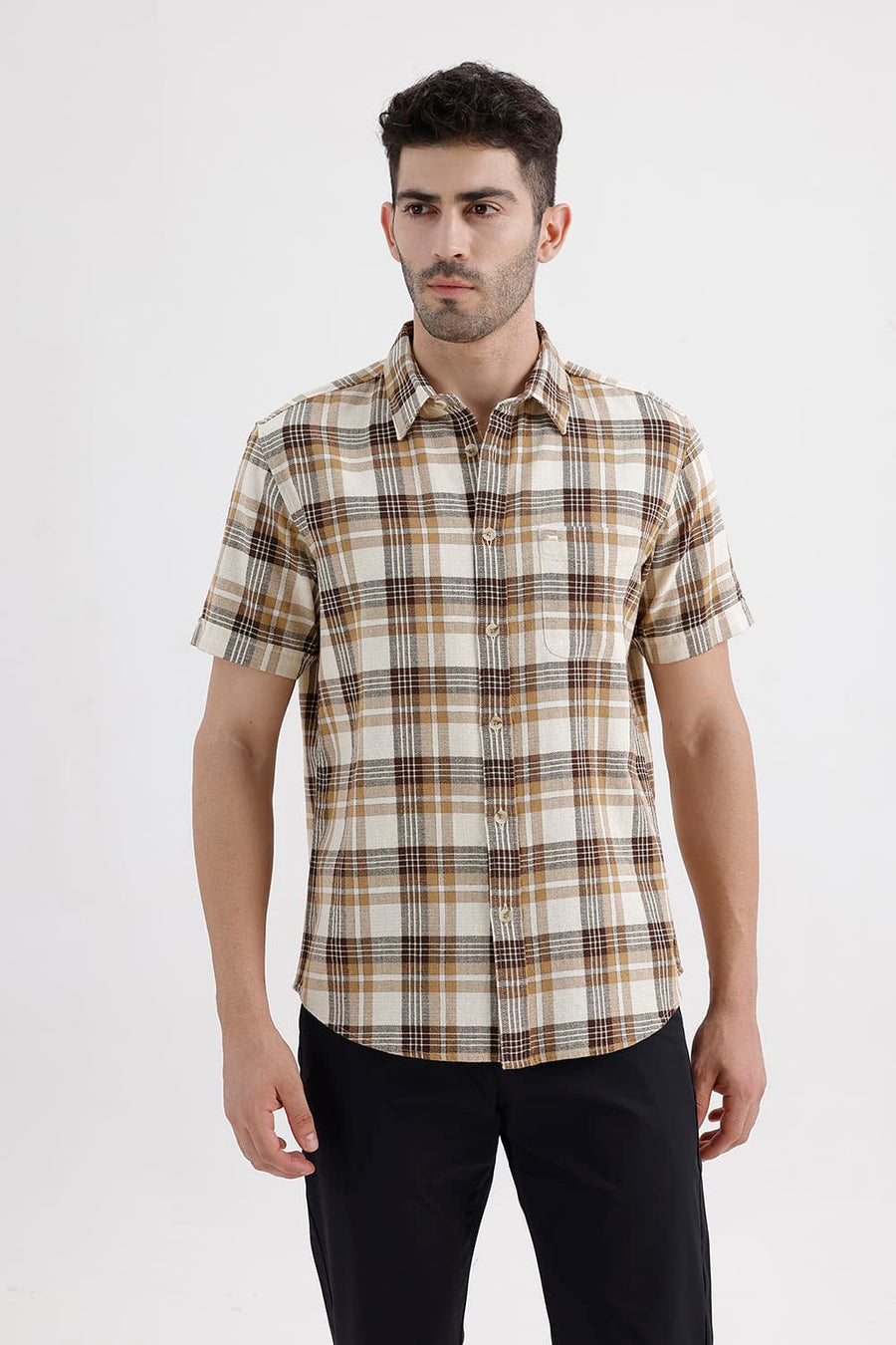 BASICS SLIM FIT SEAL BEIGE COTTON HOPSACK CHECKS HALFSLEEVES SHIRT