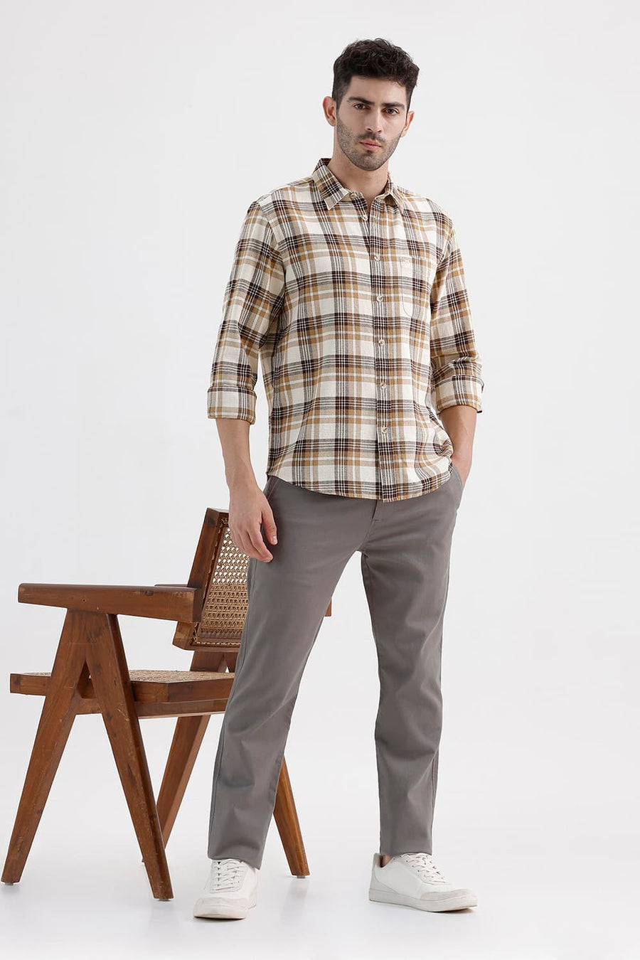 BASICS SLIM FIT SEAL BEIGE COTTON HOPSACK CHECKS SHIRT