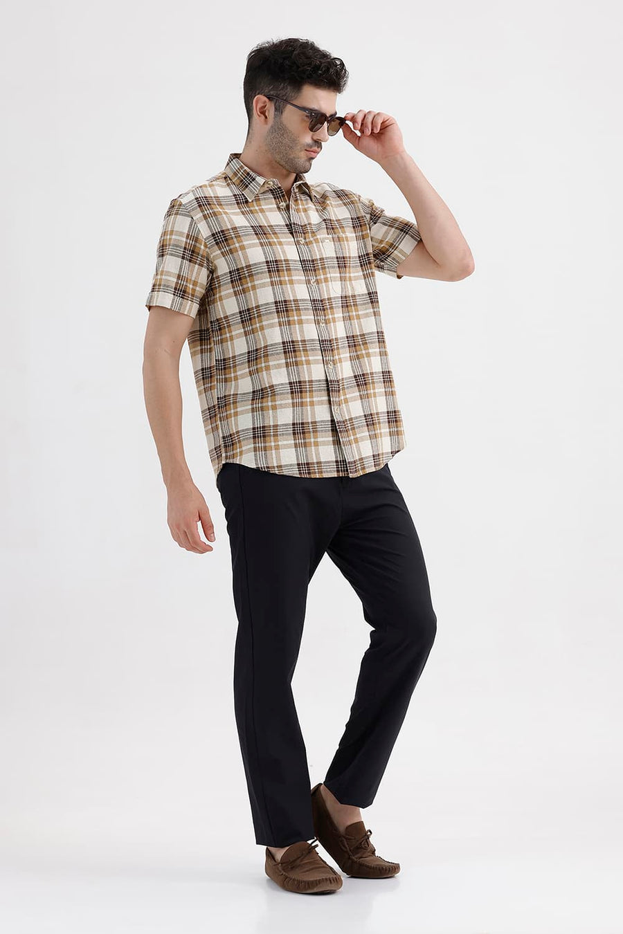 BASICS SLIM FIT SEAL BEIGE COTTON HOPSACK CHECKS HALFSLEEVES SHIRT