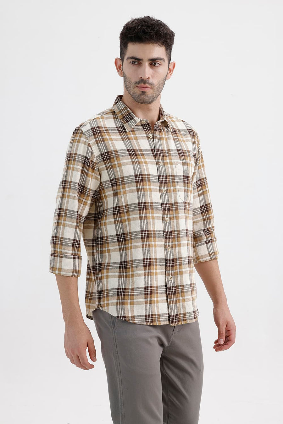 BASICS SLIM FIT SEAL BEIGE COTTON HOPSACK CHECKS SHIRT