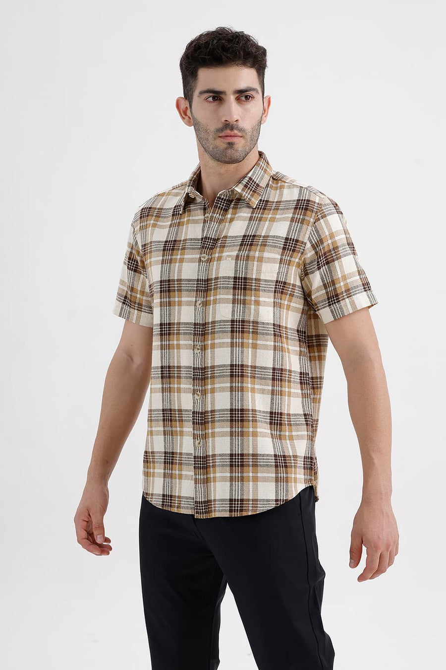 BASICS SLIM FIT SEAL BEIGE COTTON HOPSACK CHECKS HALFSLEEVES SHIRT