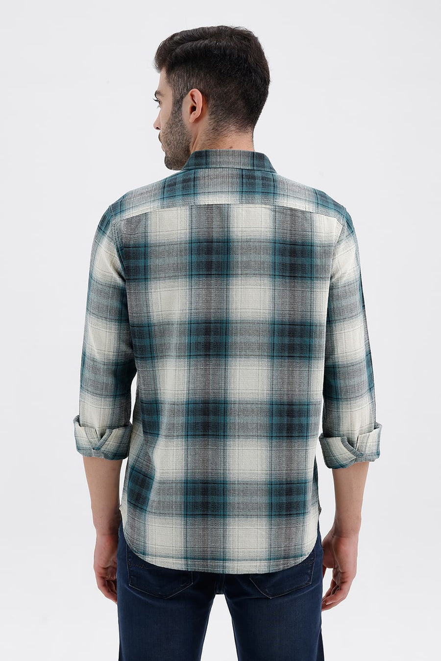 BASICS SLIM FIT BAYOU ECRU COTTON HOPSACK CHECKS SHIRT