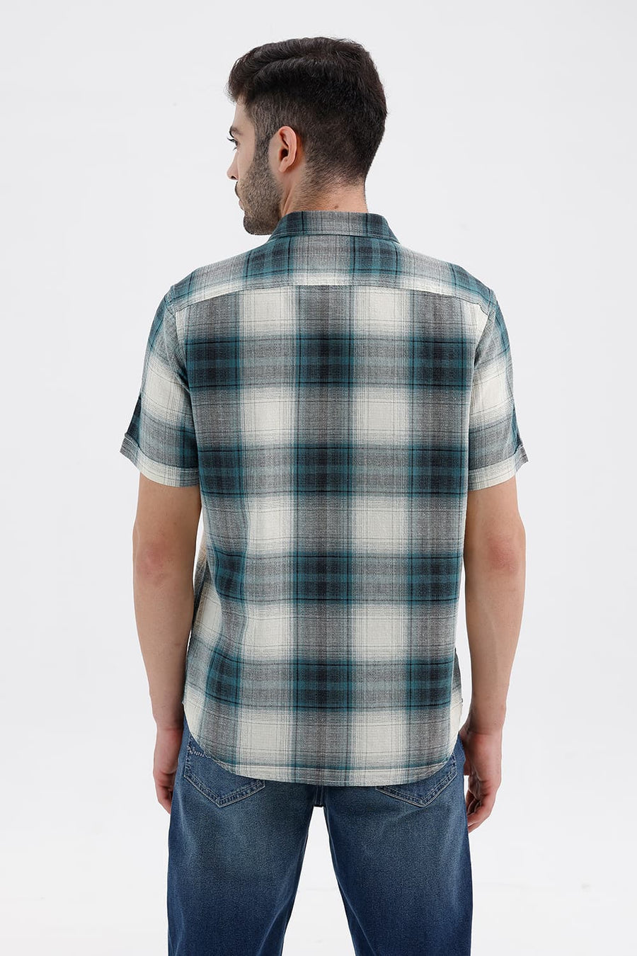 BASICS SLIM FIT BAYOU ECRU COTTON HOPSACK CHECKS HALFSLEEVES SHIRT