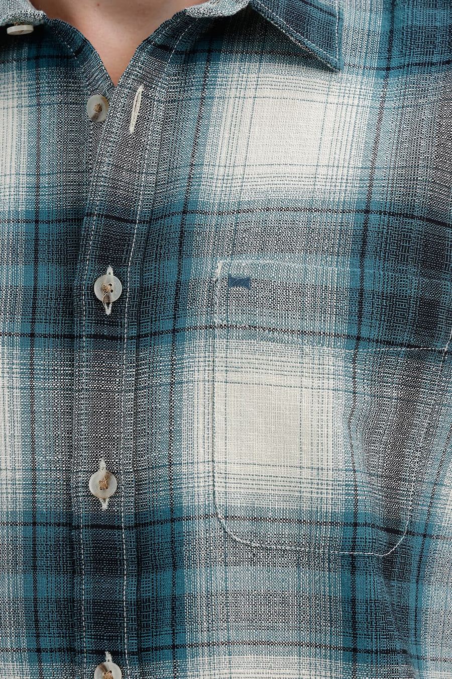 BASICS SLIM FIT BAYOU ECRU COTTON HOPSACK CHECKS SHIRT