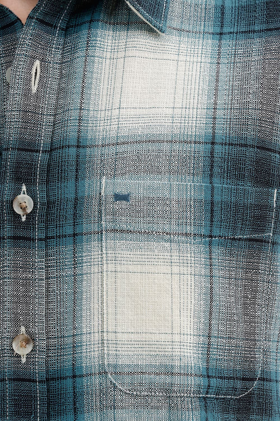 BASICS SLIM FIT BAYOU ECRU COTTON HOPSACK CHECKS HALFSLEEVES SHIRT