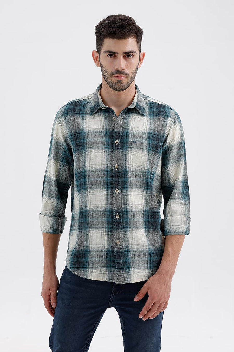 BASICS SLIM FIT BAYOU ECRU COTTON HOPSACK CHECKS SHIRT