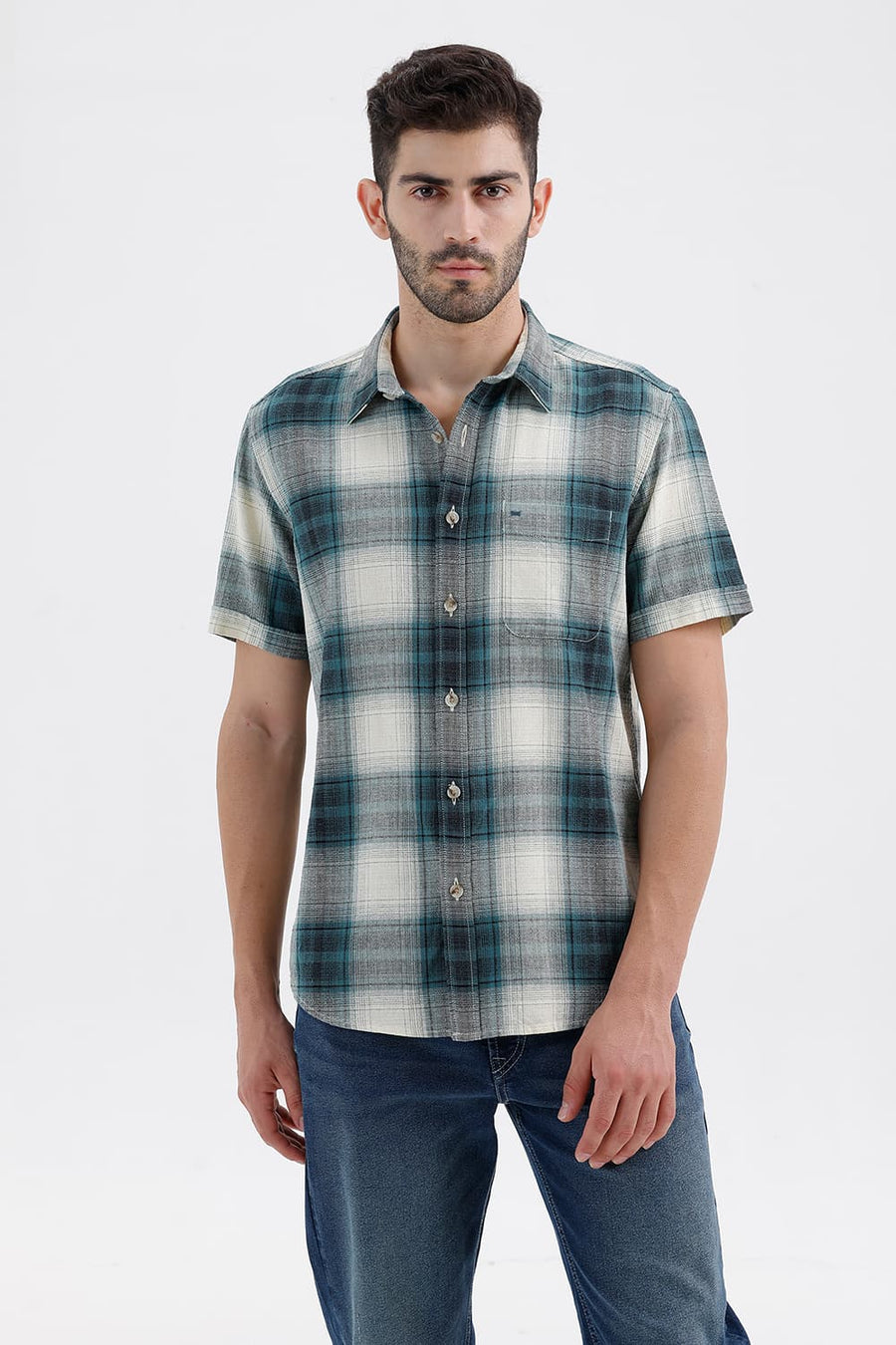 BASICS SLIM FIT BAYOU ECRU COTTON HOPSACK CHECKS HALFSLEEVES SHIRT
