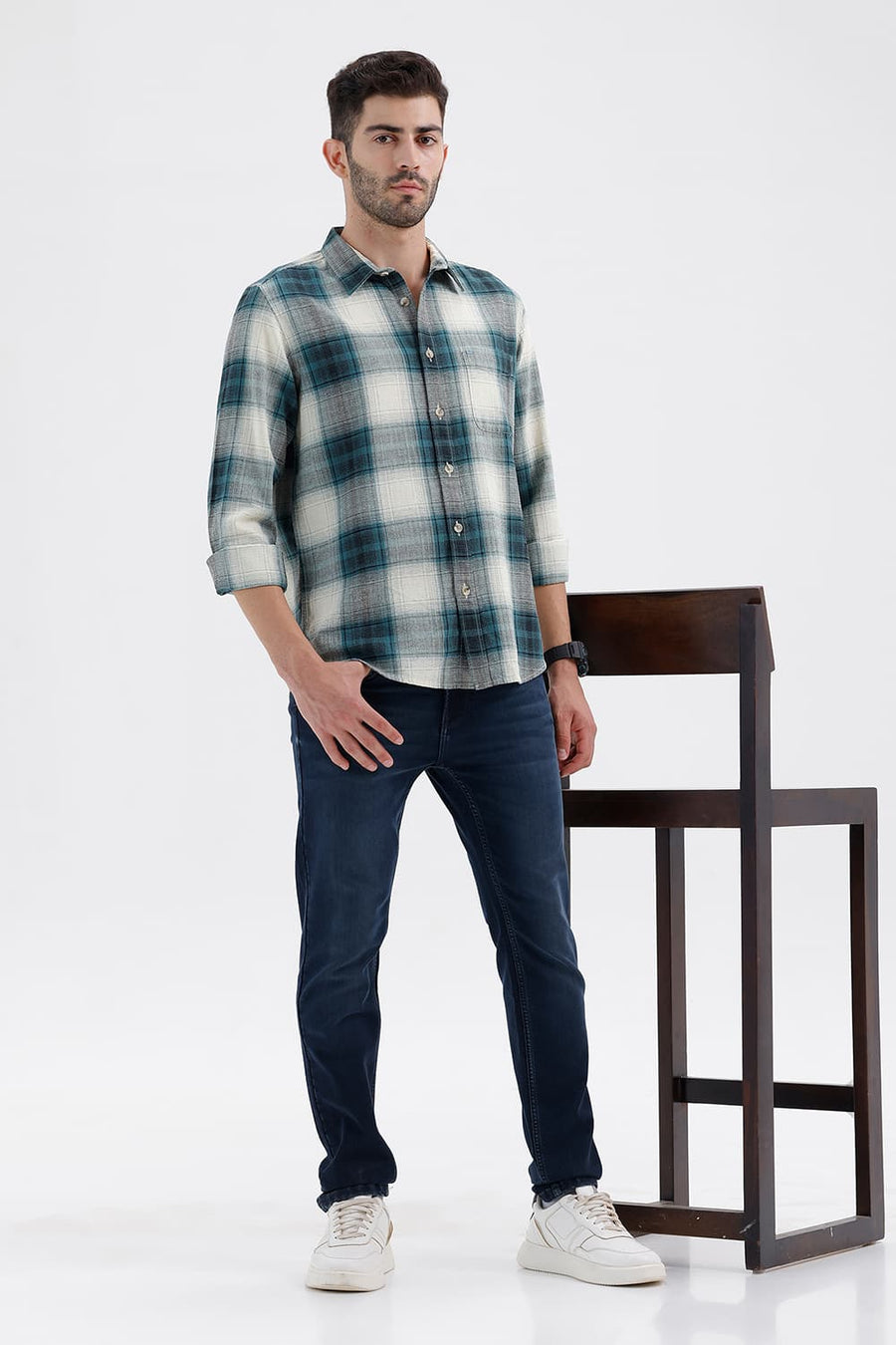 BASICS SLIM FIT BAYOU ECRU COTTON HOPSACK CHECKS SHIRT