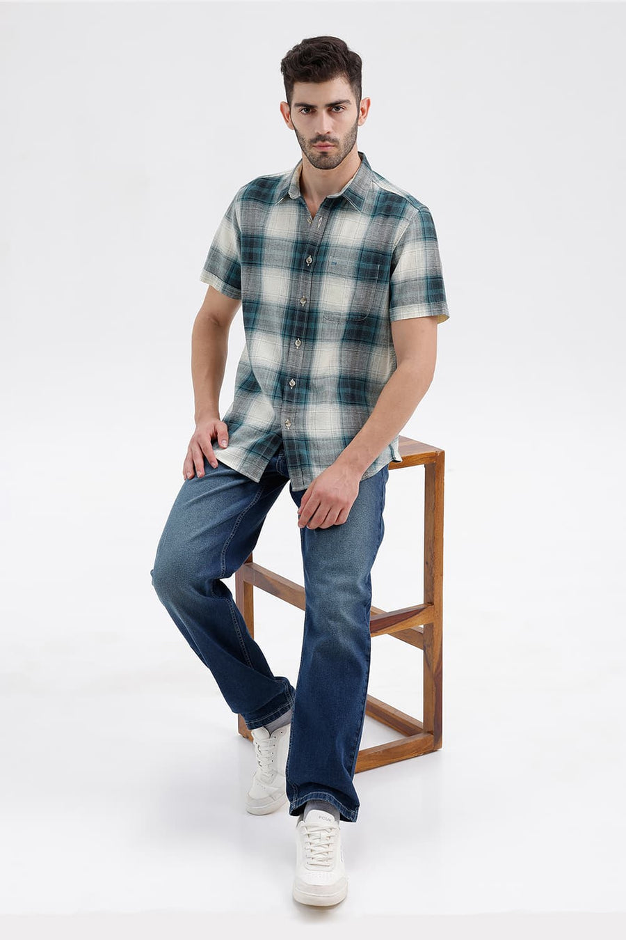 BASICS SLIM FIT BAYOU ECRU COTTON HOPSACK CHECKS HALFSLEEVES SHIRT
