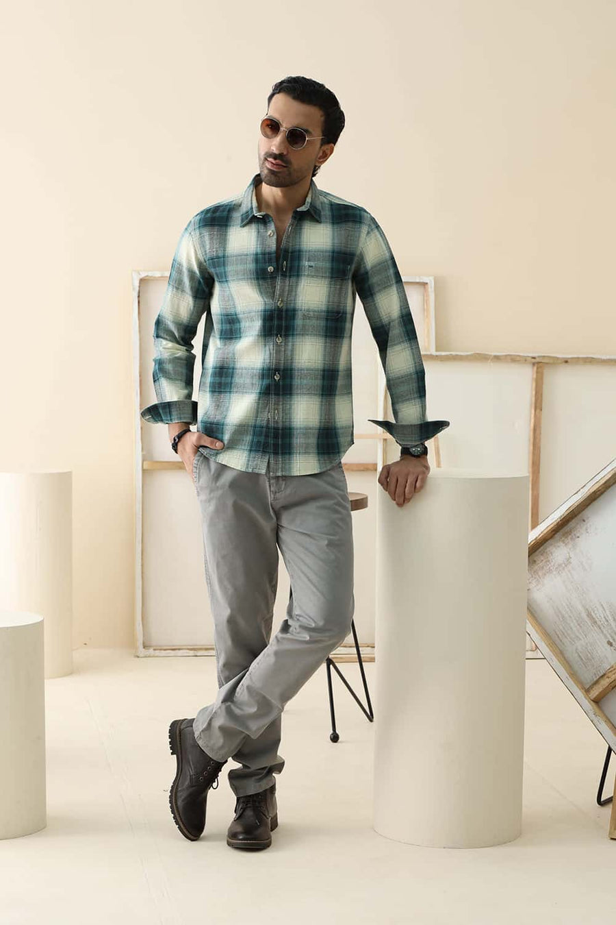 Basics Slim Fit Bayou Ecru Cotton Hopsack Checks Shirt