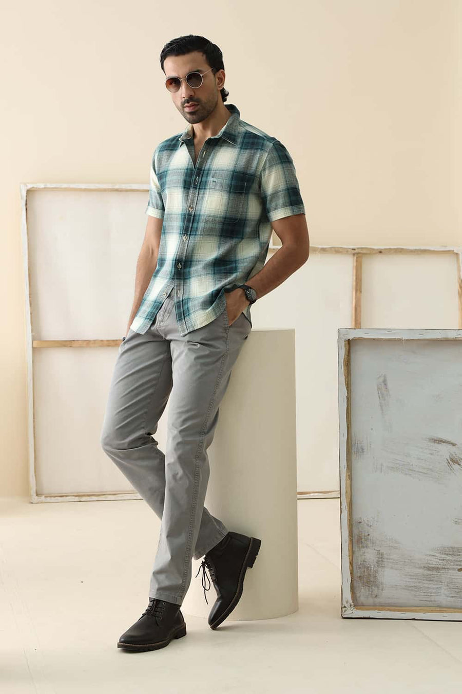 Basics Slim Fit Bayou Ecru Cotton Hopsack Checks Halfsleeves Shirt