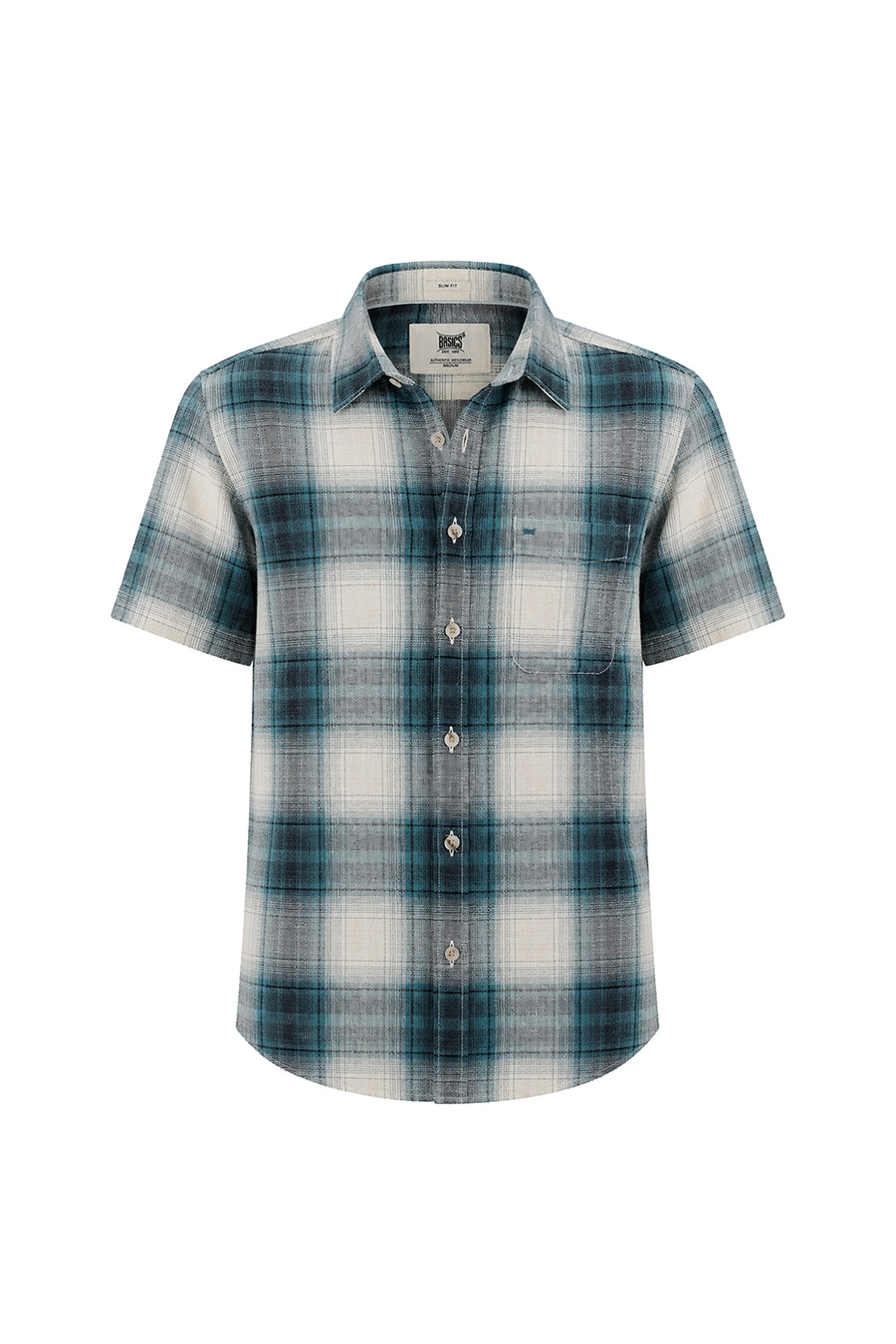 BASICS SLIM FIT BAYOU ECRU COTTON HOPSACK CHECKS HALFSLEEVES SHIRT