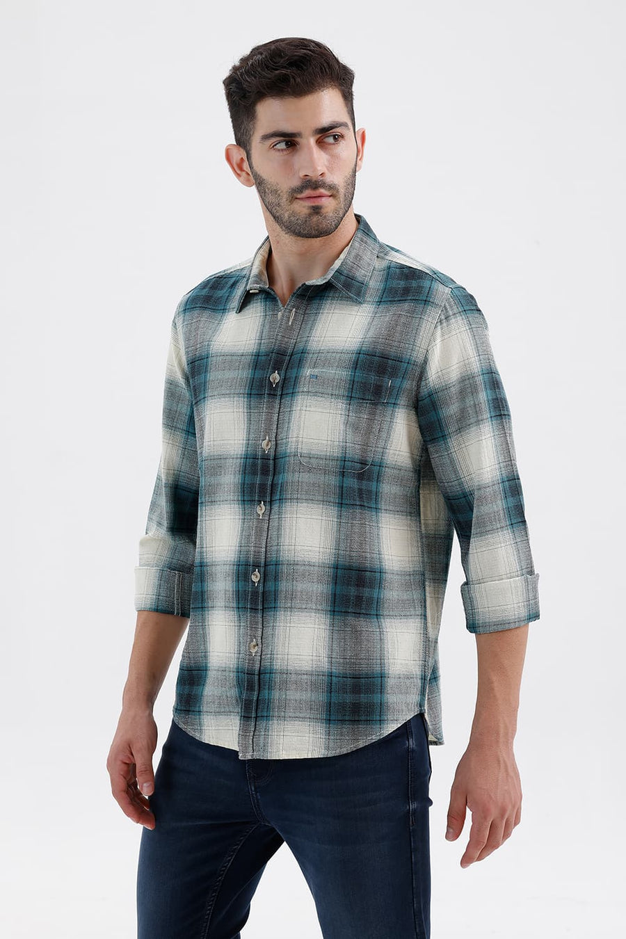 BASICS SLIM FIT BAYOU ECRU COTTON HOPSACK CHECKS SHIRT
