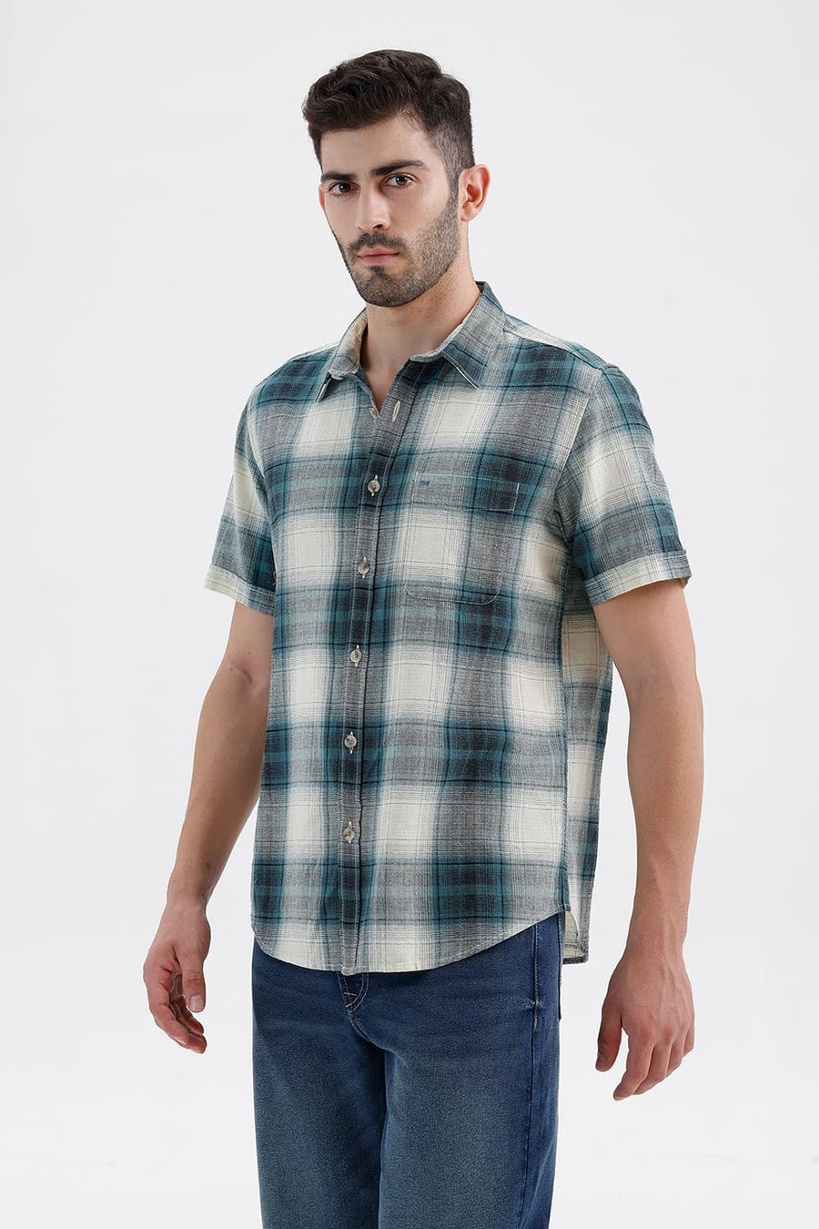 BASICS SLIM FIT BAYOU ECRU COTTON HOPSACK CHECKS HALFSLEEVES SHIRT