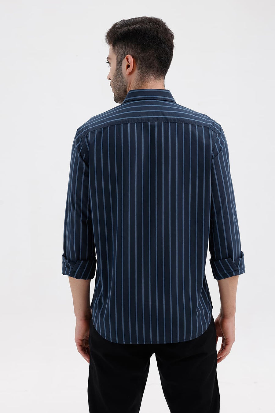 BASICS SLIM FIT NAVY SPACE COTTON DOBBY STRIPE SHIRT