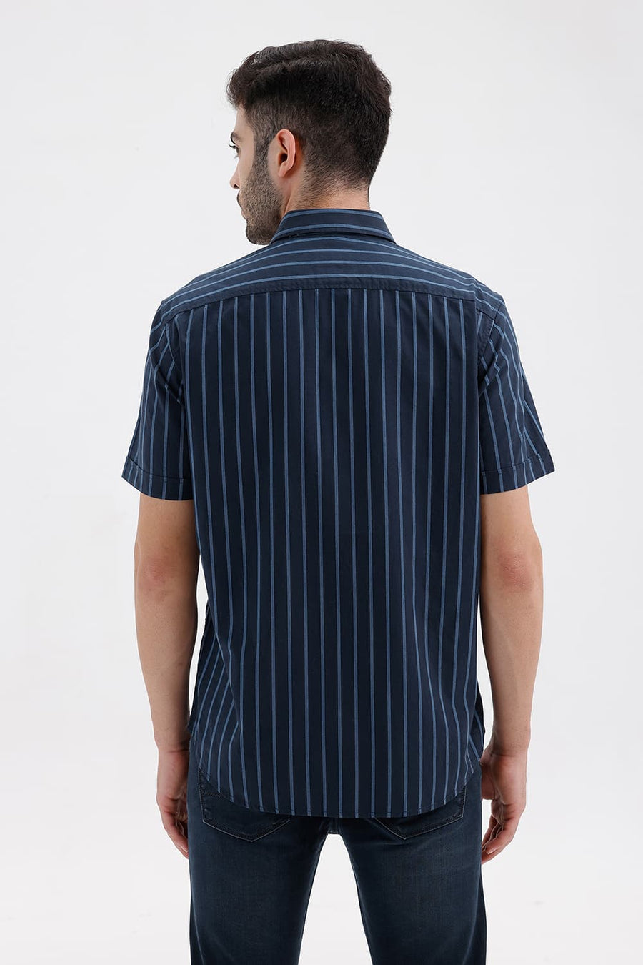 BASICS SLIM FIT NAVY SPACE COTTON DOBBY STRIPE HALFSLEEVES SHIRT