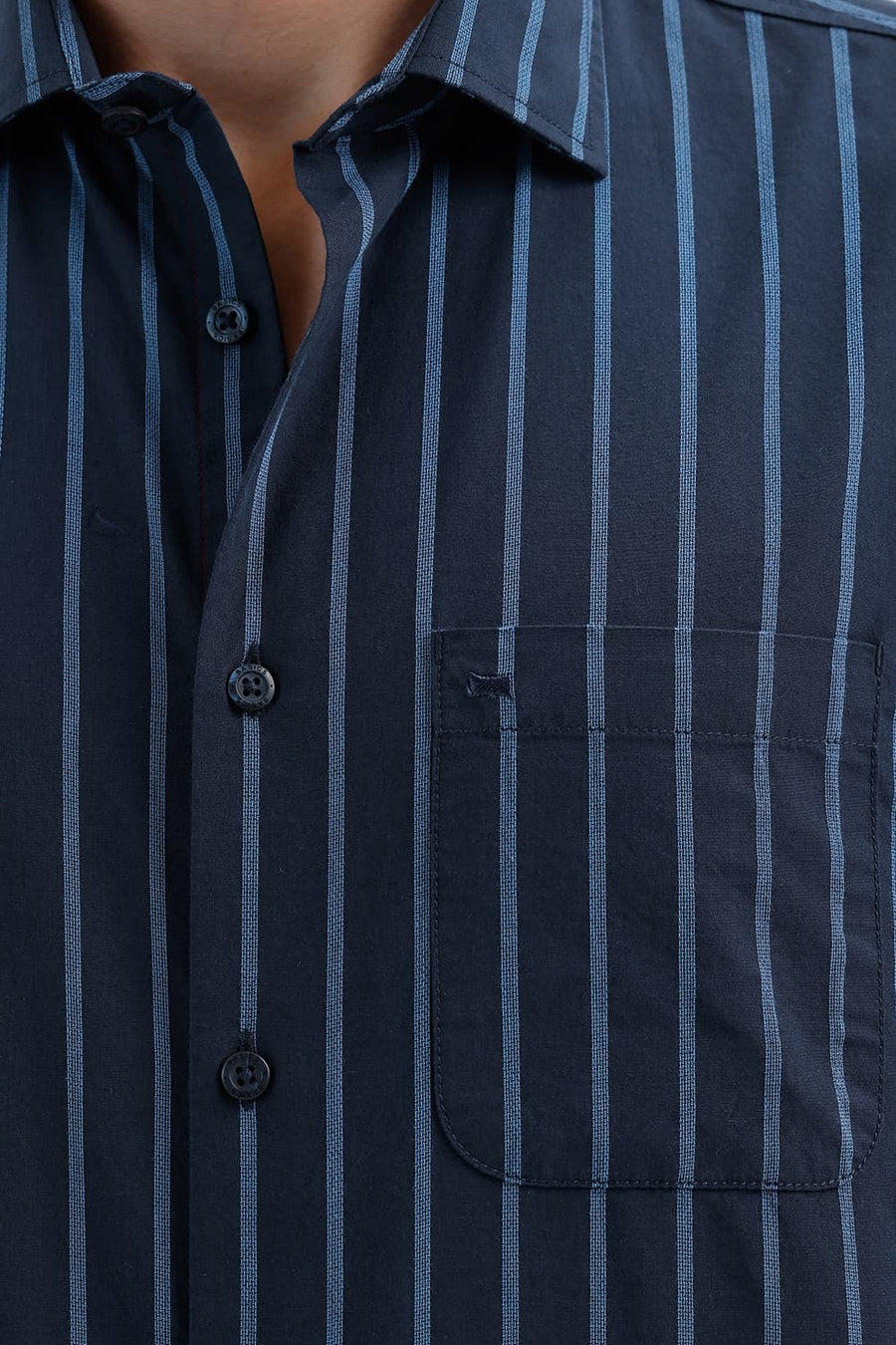 BASICS SLIM FIT NAVY SPACE COTTON DOBBY STRIPE HALFSLEEVES SHIRT