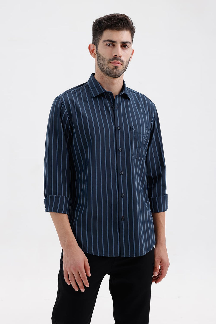 BASICS SLIM FIT NAVY SPACE COTTON DOBBY STRIPE SHIRT