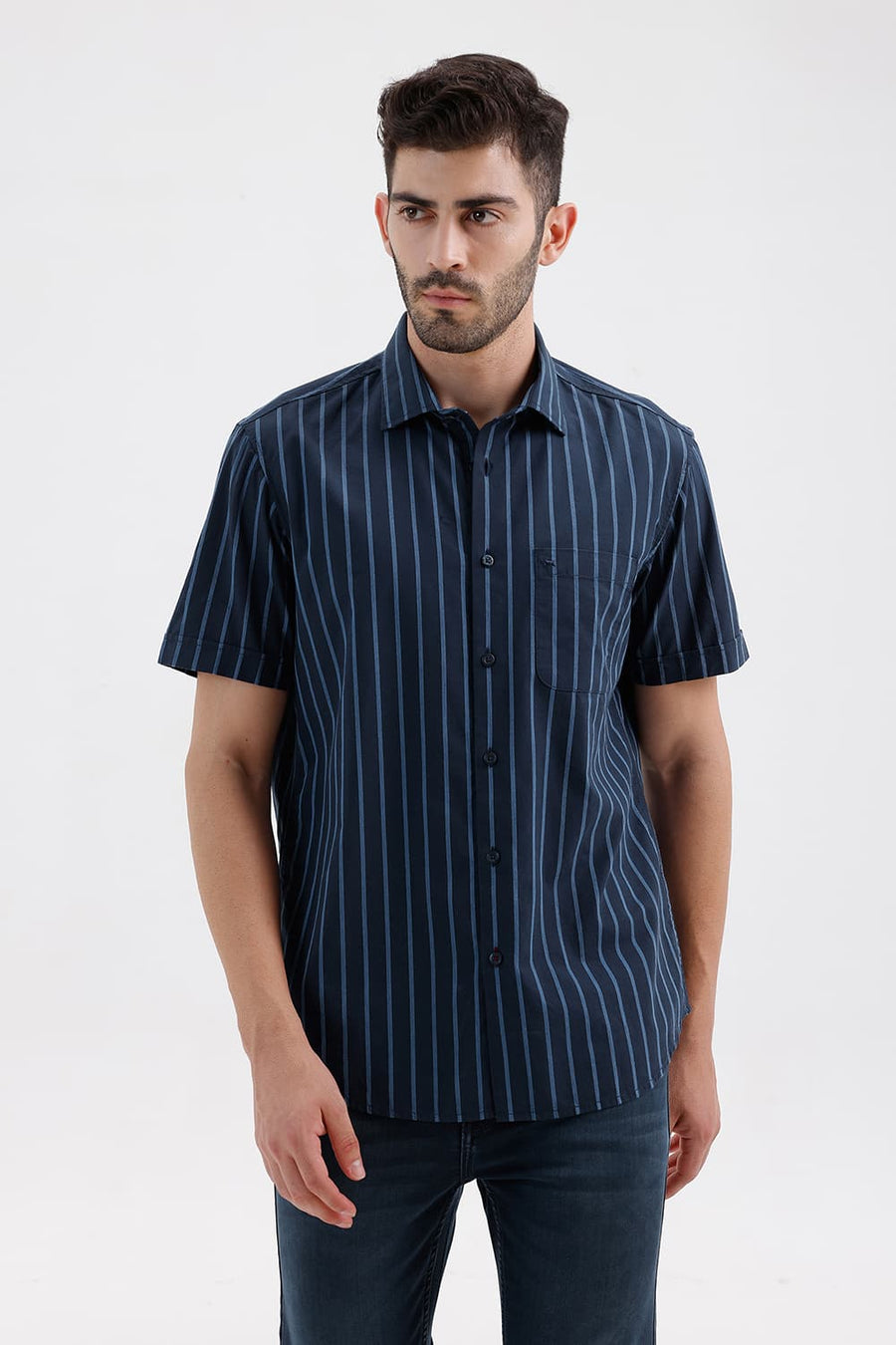 BASICS SLIM FIT NAVY SPACE COTTON DOBBY STRIPE HALFSLEEVES SHIRT