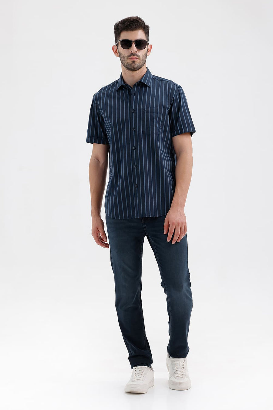 BASICS SLIM FIT NAVY SPACE COTTON DOBBY STRIPE HALFSLEEVES SHIRT