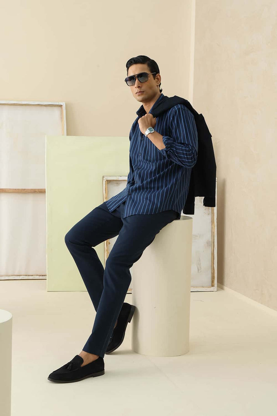 Basics Slim Fit Navy Space Cotton Dobby Stripe Shirt