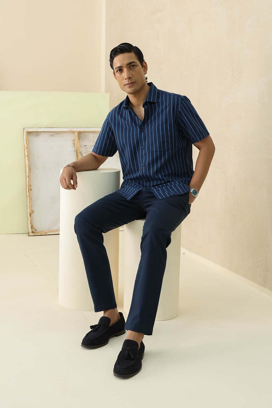 Basics Slim Fit Navy Space Cotton Dobby Stripe Halfsleeves Shirt