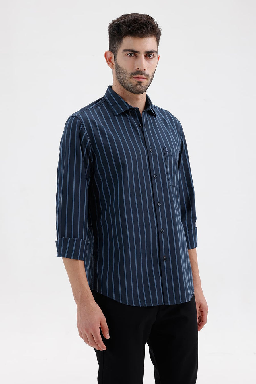 BASICS SLIM FIT NAVY SPACE COTTON DOBBY STRIPE SHIRT